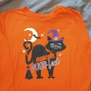 Orange Halloween Cat Graphic Girls Long Sleeve Tshirt Euc
